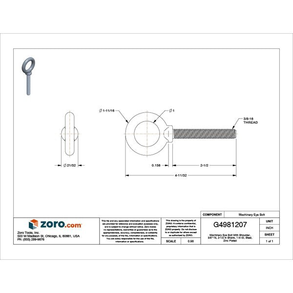 Machinery Eye Bolt With Shoulder, 3/8
