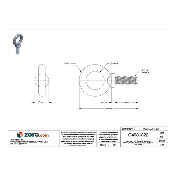 Machinery Eye Bolt With Shoulder, 1/2
