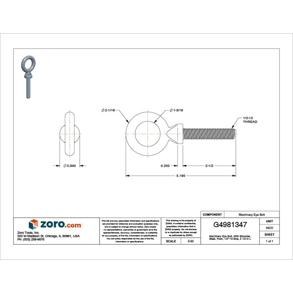 Machinery Eye Bolt With Shoulder, 1/2