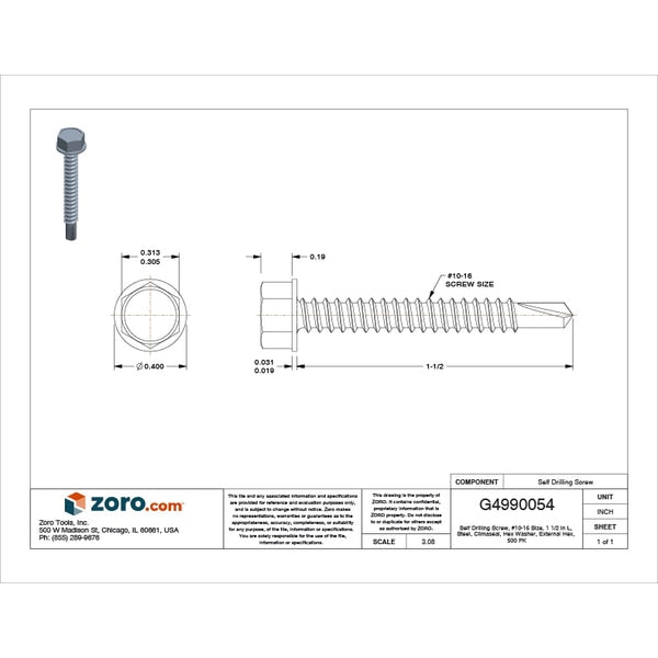 Self-Drilling Screw, #10 x 1 1/2 in, Climaseal Steel Hex Head External Hex Drive, 500 PK