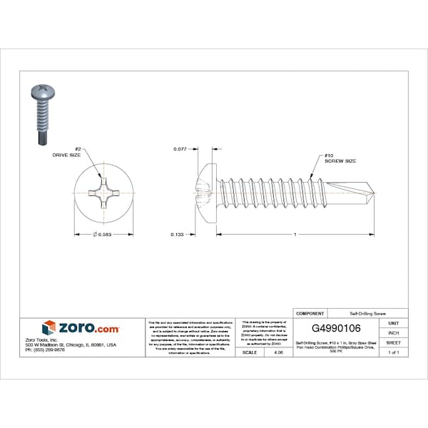 Self-Drilling Screw, #10 x 1 in, Gray Spex Steel Pan Head Combination Phillips/Square Drive, 500 PK