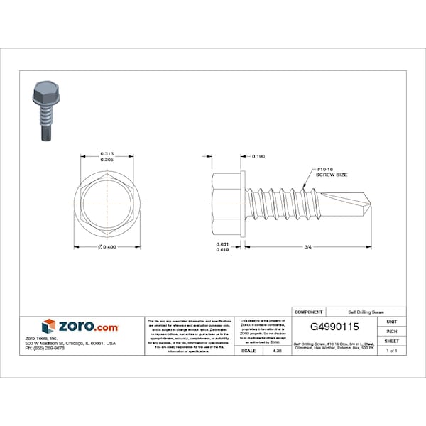 Self-Drilling Screw, #10 x 3/4 in, Climaseal Steel Hex Head External Hex Drive, 500 PK