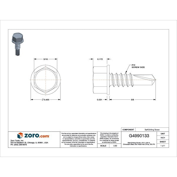 Self-Drilling Screw, #10 x 5/8 in, Climaseal Steel Hex Head Hex Drive, 500 PK