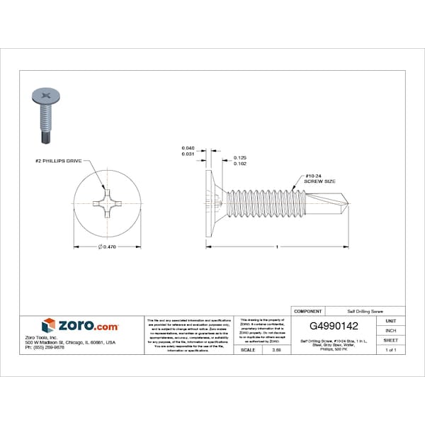 Self-Drilling Screw, #10 x 1 in, Gray Spex Steel Wafer Head Phillips Drive, 500 PK