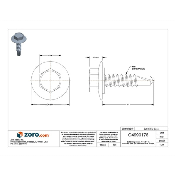 Self-Drilling Screw, #10 x 3/4 in, Climaseal Steel Hex Head Hex Drive, 500 PK