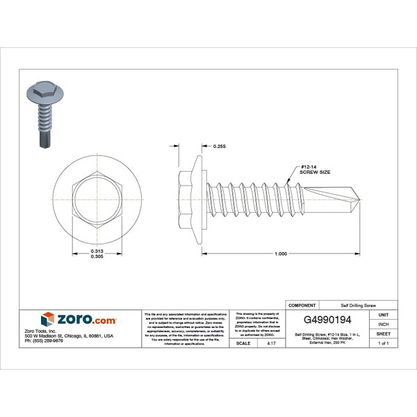 Self-Drilling Screw, #12 x 1 in, Climaseal Steel Hex Head External Hex Drive, 250 PK