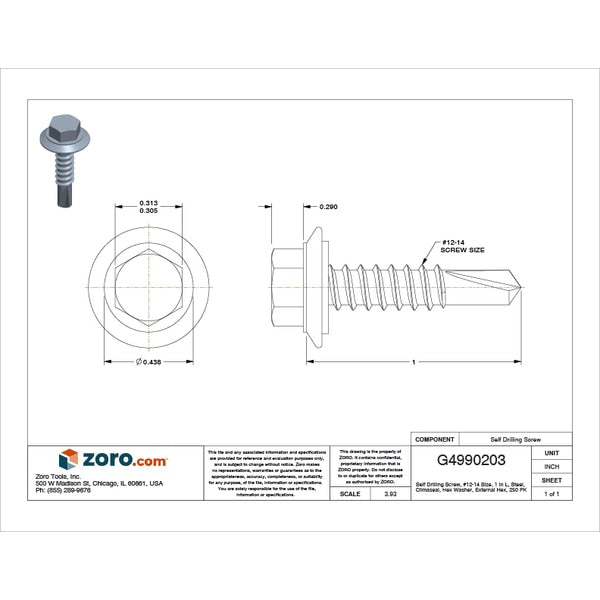 Self-Drilling Screw, #12 x 1 in, Climaseal Steel Hex Head External Hex Drive, 250 PK
