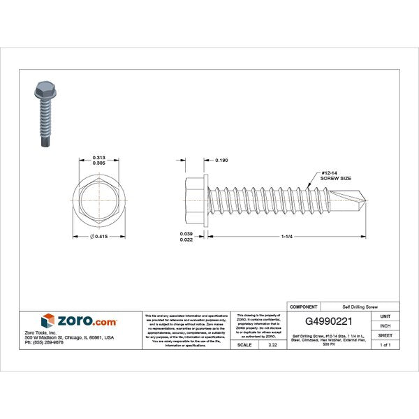Self-Drilling Screw, #12 x 1 1/4 in, Climaseal Steel Hex Head External Hex Drive, 500 PK
