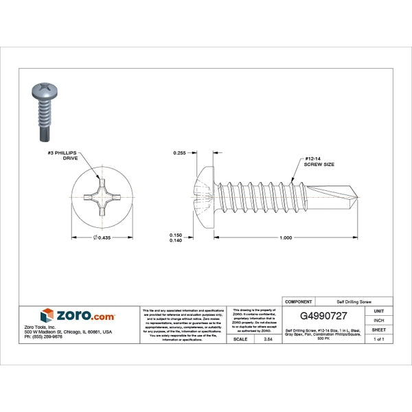 Self-Drilling Screw, #12 x 1 in, Gray Spex Steel Pan Head Combination Phillips/Square Drive, 500 PK