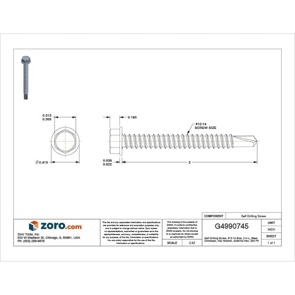 Self-Drilling Screw, #12 x 2 in, Climaseal Steel Hex Head External Hex Drive, 250 PK