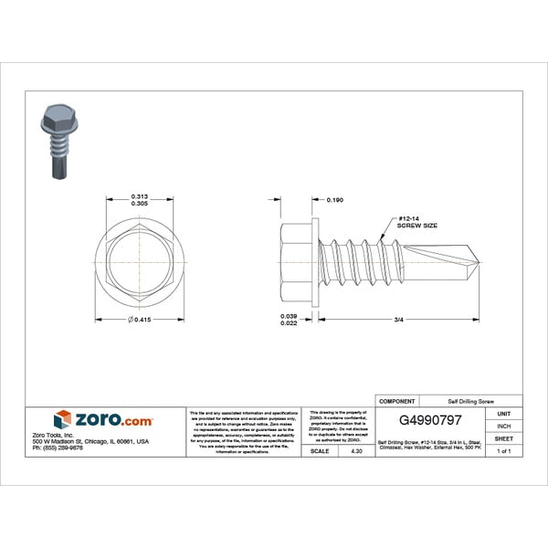 Self-Drilling Screw, #12 x 3/4 in, Climaseal Steel Hex Head External Hex Drive, 500 PK
