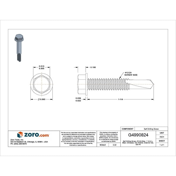 Self-Drilling Screw, #12 x 1 1/4 in, Climaseal Steel Hex Head External Hex Drive, 500 PK