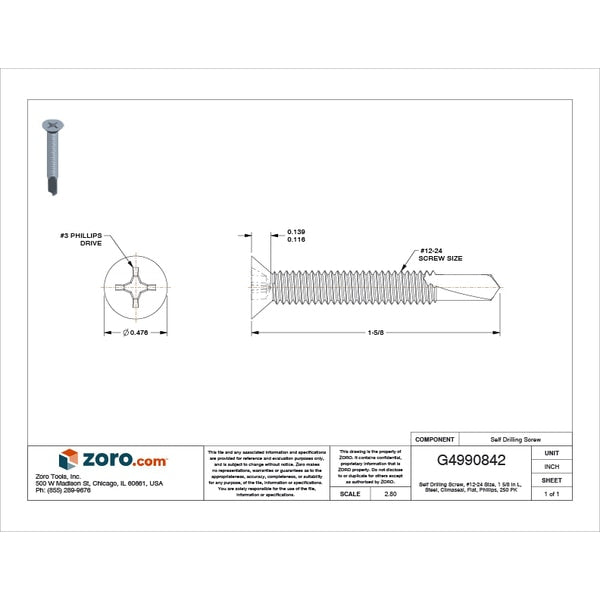 Self-Drilling Screw, #12 x 1 5/8 in, Climaseal Steel Flat Head Phillips Drive, 250 PK