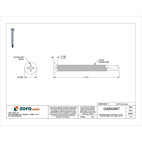 Self-Drilling Screw, #12 x 2 1/4 in, Gray Spex Steel Flat Head Phillips Drive, 250 PK