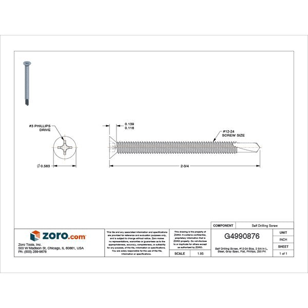 Self-Drilling Screw, #12 x 2 3/4 in, Gray Spex Steel Flat Head Phillips Drive, 250 PK