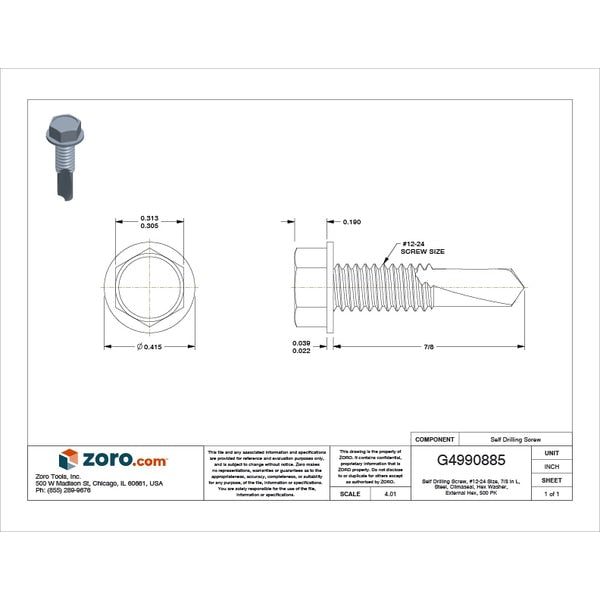 Self-Drilling Screw, #12 x 7/8 in, Climaseal Steel Hex Head External Hex Drive, 500 PK