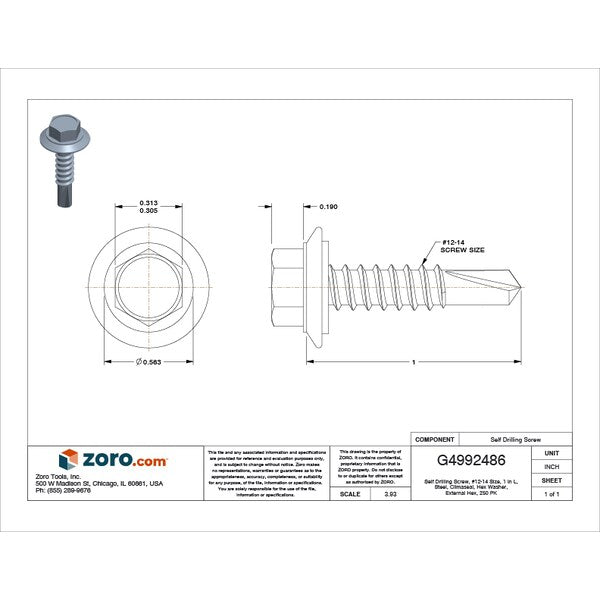Self-Drilling Screw, #12 x 1 in, Climaseal Steel Hex Head External Hex Drive, 250 PK