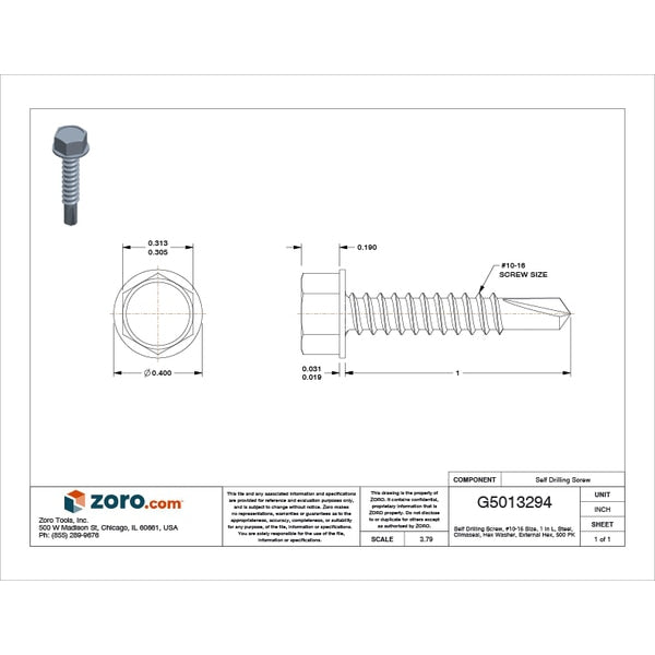 Self-Drilling Screw, #10 x 1 in, Climaseal Steel Hex Head External Hex Drive, 500 PK