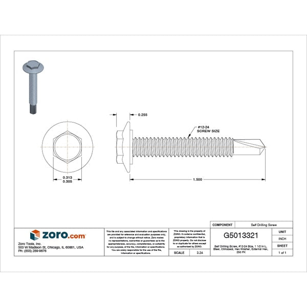 Self-Drilling Screw, #12 x 1 1/2 in, Climaseal Steel Hex Head External Hex Drive, 250 PK