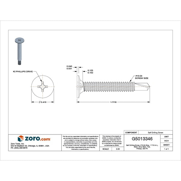Self-Drilling Screw, #10 x 1 7/16 in, Gray Spex Steel Flat Head Phillips Drive, 500 PK