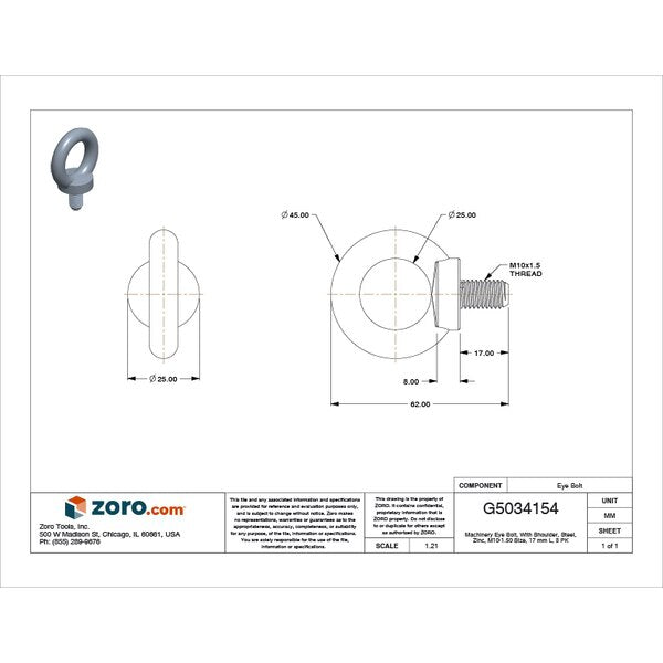 Machinery Eye Bolt With Shoulder, M10-1.50, 17 mm Shank, 25 mm ID, Steel, Zinc Plated, 3 PK