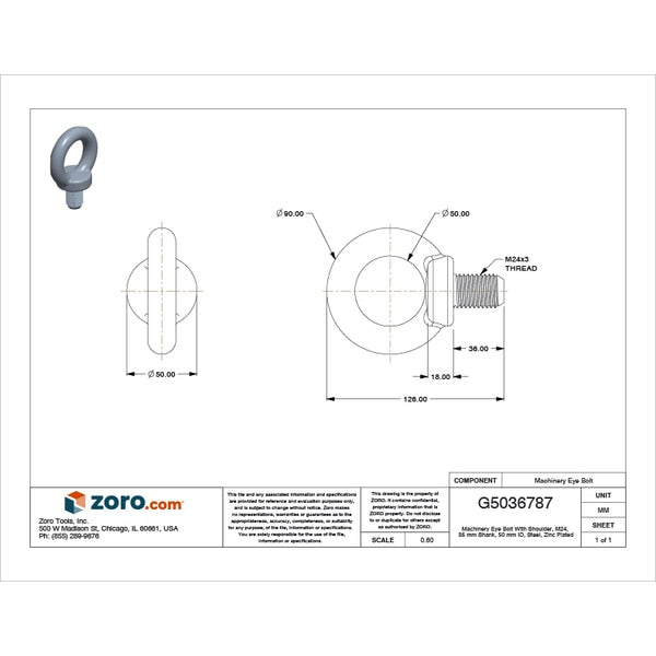 Machinery Eye Bolt With Shoulder, M24, 36 mm Shank, 50 mm ID, Steel, Zinc Plated