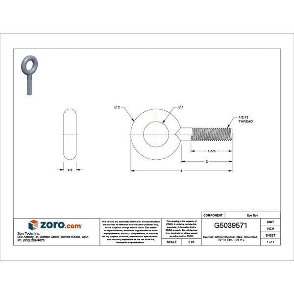 Eye Bolt Without Shoulder, 1/2