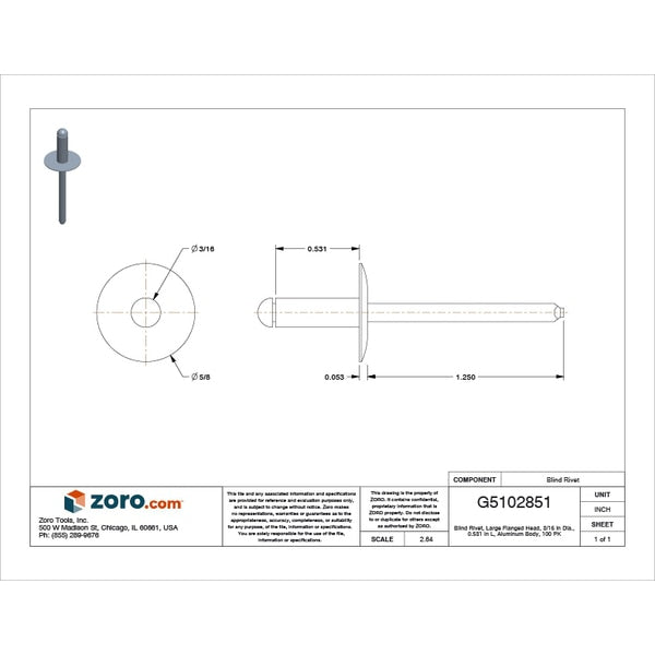 Blind Rivet, Dome Head, 3/16 in Dia., 17/32 in L, Aluminum Body, 100 PK