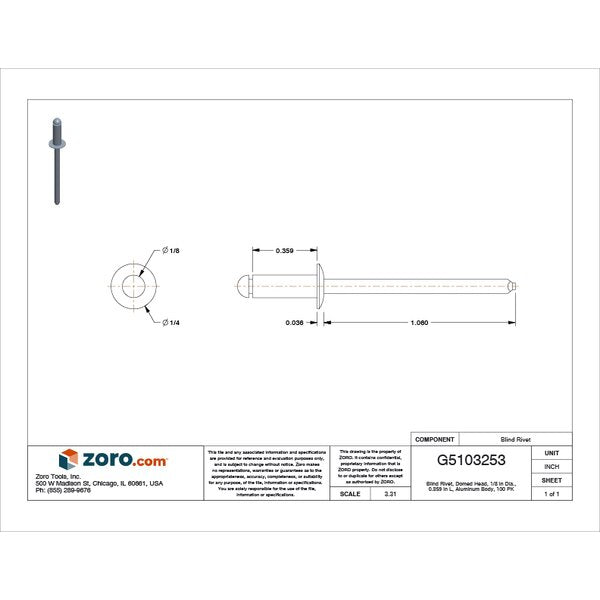 Blind Rivet, Dome Head, 1/8 in Dia., 23/64 in L, Aluminum Body, 100 PK