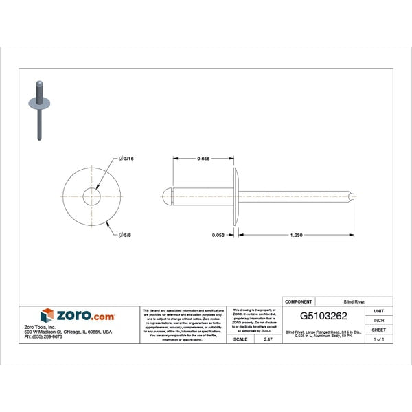 Blind Rivet, Dome Head, 3/16 in Dia., 21/32 in L, Aluminum Body, 50 PK