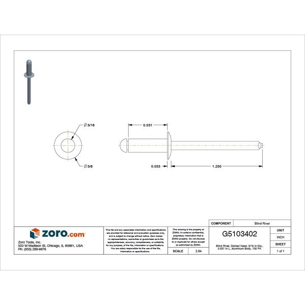 Blind Rivet, Dome Head, 3/16 in Dia., 17/32 in L, Aluminum Body, 100 PK
