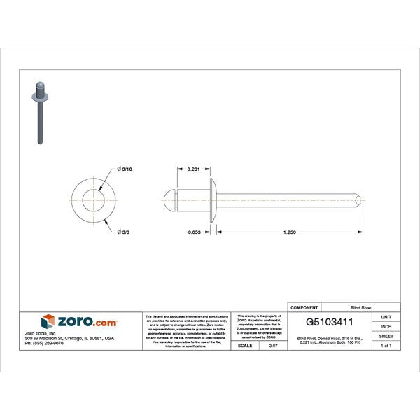 Blind Rivet, Dome Head, 3/16 in Dia., 9/32 in L, Aluminum Body, 100 PK