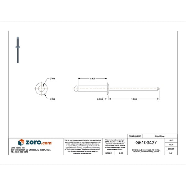 Blind Rivet, Dome Head, 1/8 in Dia., 39/64 in L, Aluminum Body, 100 PK