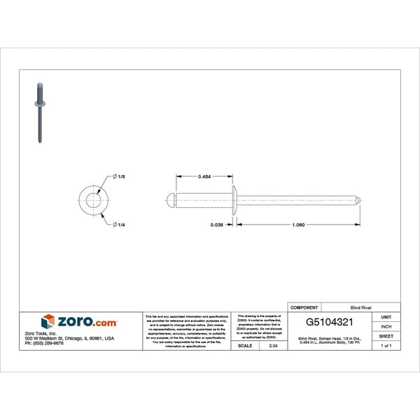 Blind Rivet, Dome Head, 1/8 in Dia., 31/64 in L, Aluminum Body, 100 PK
