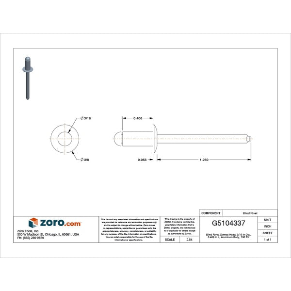 Blind Rivet, Dome Head, 3/16 in Dia., 13/32 in L, Aluminum Body, 100 PK