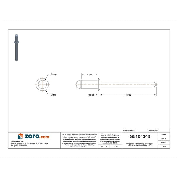 Blind Rivet, Dome Head, 5/32 in Dia., 5/16 in L, Aluminum Body, 10 PK