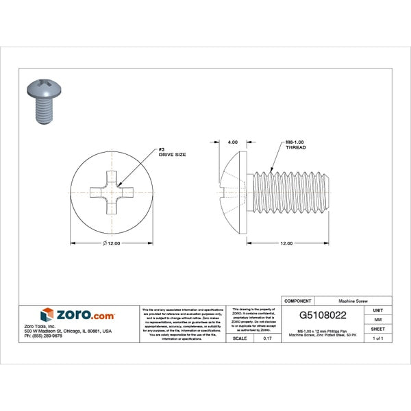 M6-1.00 x 12 mm Phillips Pan Machine Screw, Zinc Plated Steel, 50 PK