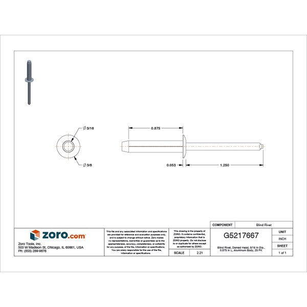 Blind Rivet, Dome Head, 3/16 in Dia., 7/8 in L, Aluminum Body, 25 PK