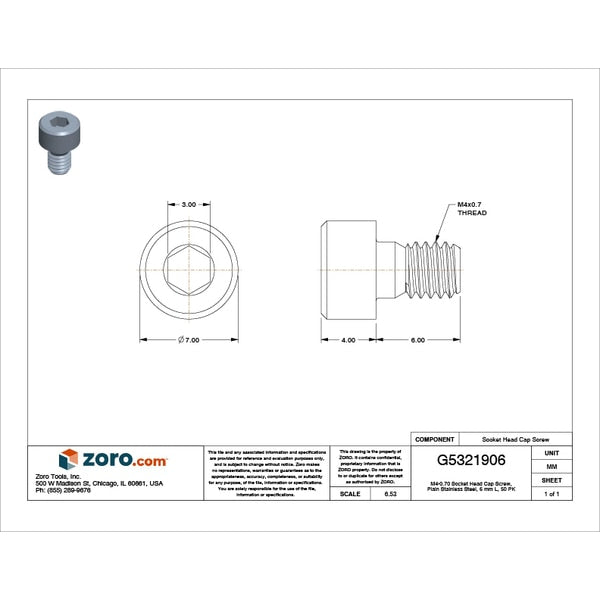 M4-0.70 Socket Head Cap Screw, Plain Stainless Steel, 6 mm Length, 50 PK
