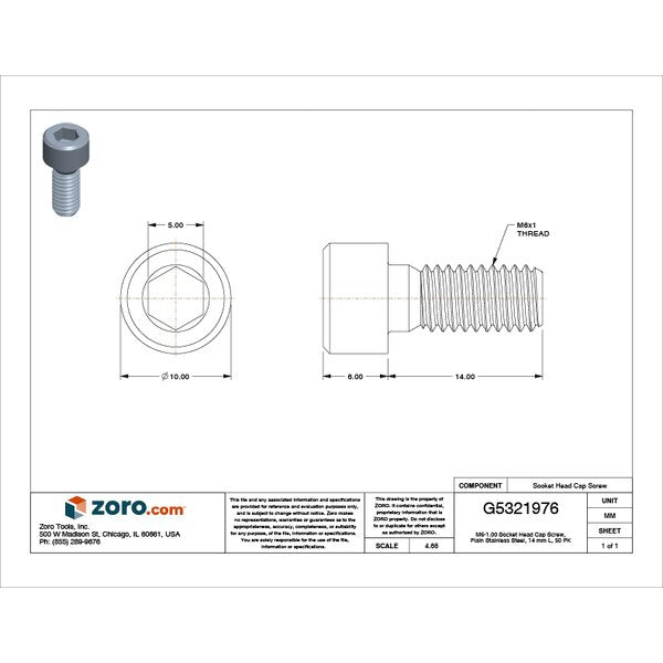 M6-1.00 Socket Head Cap Screw, Plain Stainless Steel, 14 mm Length, 50 PK