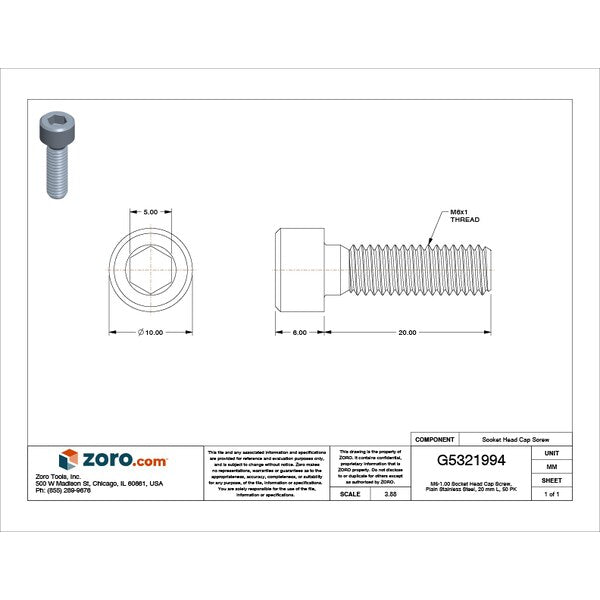 M6-1.00 Socket Head Cap Screw, Plain Stainless Steel, 20 mm Length, 50 PK
