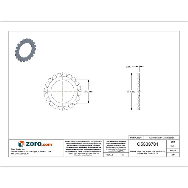 External Tooth Lock Washer, Fits Bolt Size 3/4 in Steel, Zinc Plated Finish, 10 PK
