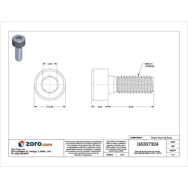 M3-0.50 Socket Head Cap Screw, Plain Stainless Steel, 8 mm Length, 50 PK