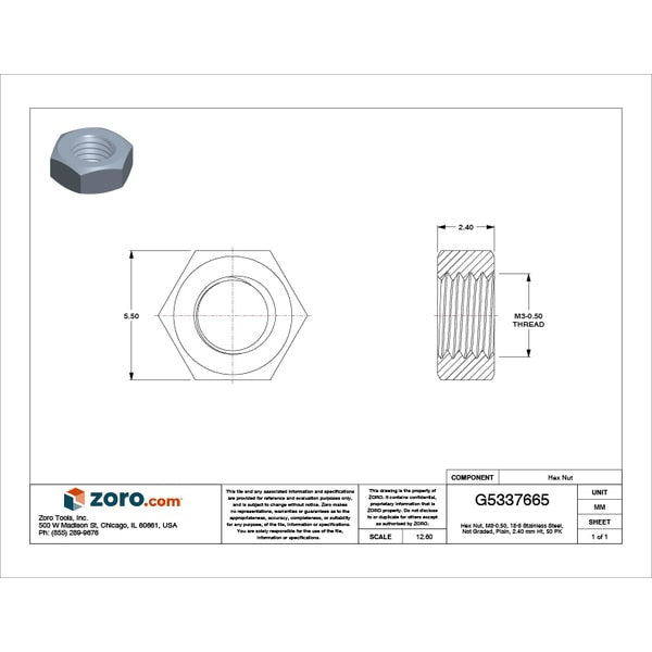 Hex Nut, M3-0.50, 18-8 Stainless Steel, Not Graded, Plain, 2.40 mm Ht, 50 PK