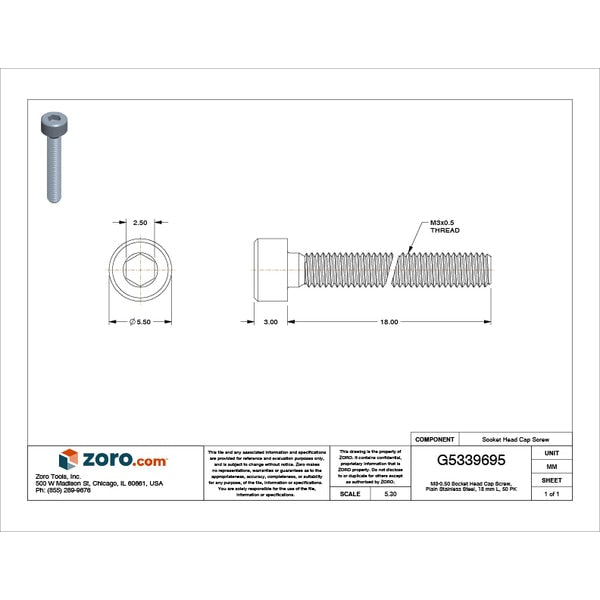 M3-0.50 Socket Head Cap Screw, Plain Stainless Steel, 18 mm Length, 50 PK