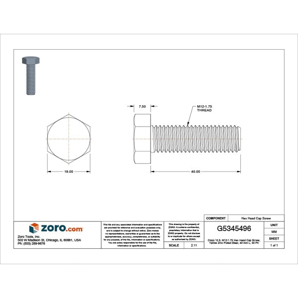 Class 10.9, M12-1.75 Hex Head Cap Screw, Zinc & Yellow Plated Steel, 40 mm L, 50 PK