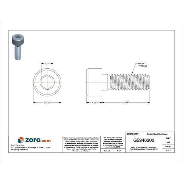 M4-0.70 Socket Head Cap Screw, Plain Stainless Steel, 12 mm Length, 50 PK