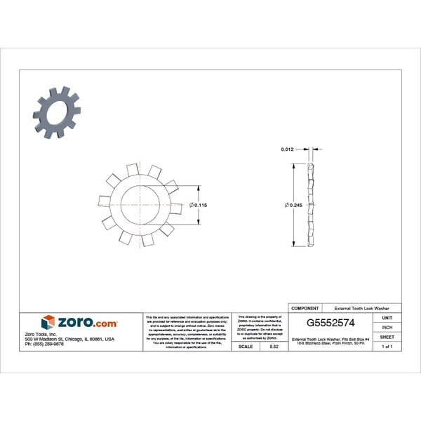 External Tooth Lock Washer, Fits Bolt Size #4 Stainless Steel, Plain Finish, 50 PK