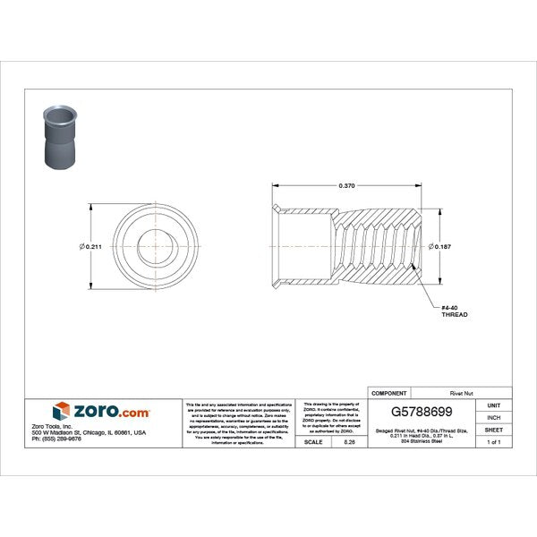 Rivet Nut, #4-40 Thread Size, 0.211 in Flange Dia., 0.37 in L, 304 Stainless Steel