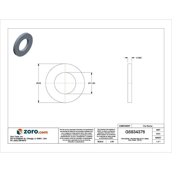 Flat Washer, Fits Bolt Size 5/16 in , Steel Zinc Plated Finish, 100 PK